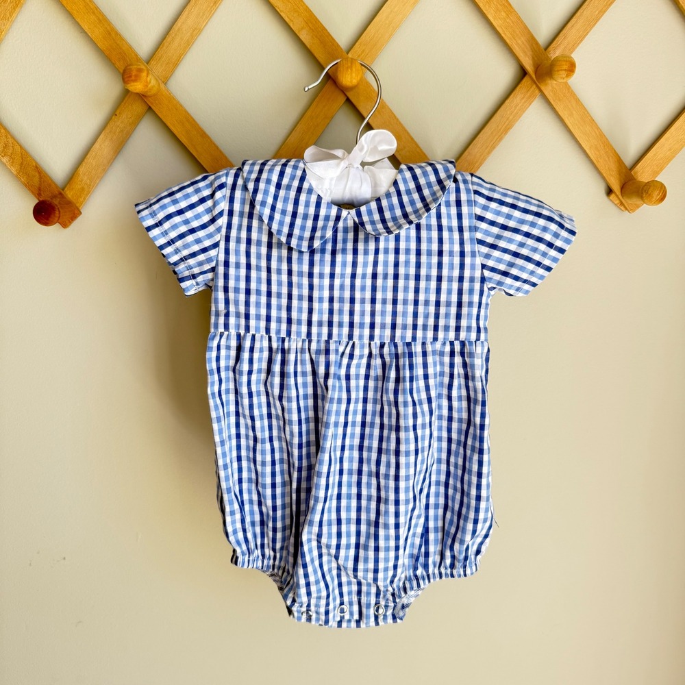 Stitchy Fish Boys Blue Gingham Peter Pan Collar Bubble Romper 3M